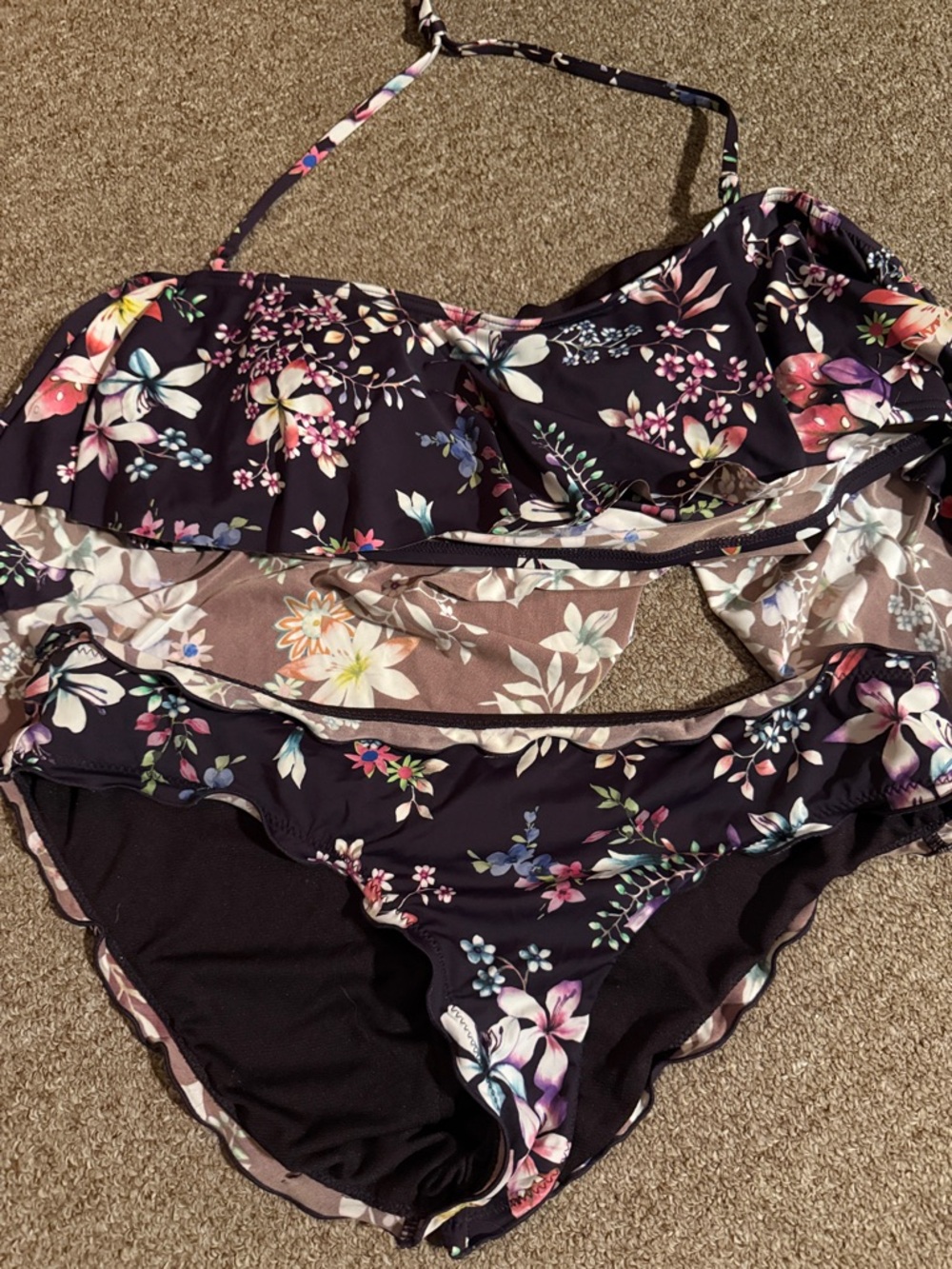 Floral Ruffle Bikini Set in Dark Plum